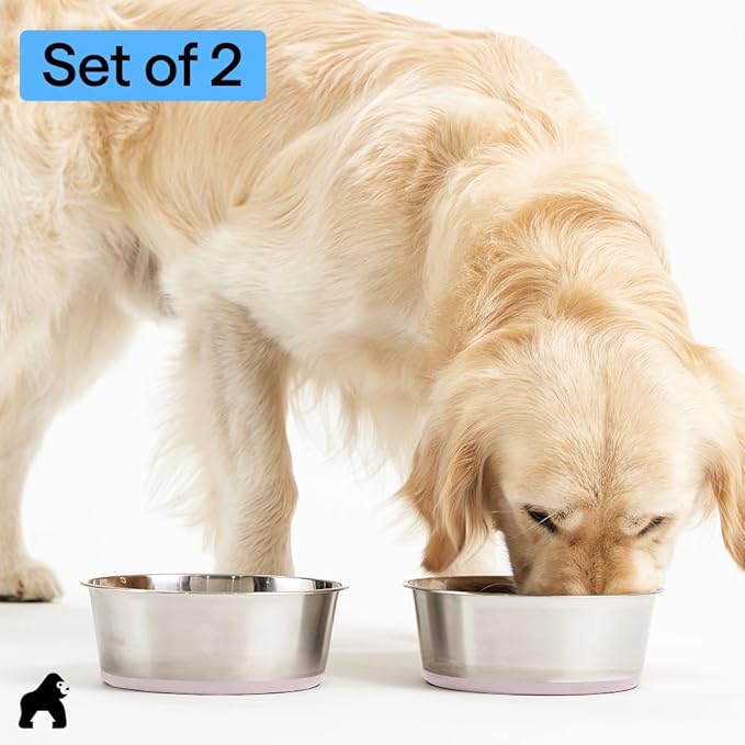 GORILLA GRIP Set of 2 Dog Bowls, Holds 8 Cups (64 fl oz), Heavy Duty Metal Food and Water Bowl for Feeding Dogs and Cats, Dishwasher Safe, Rust Resistant Stainless Steel, BPA Free Rubber Base, Lt Pink
