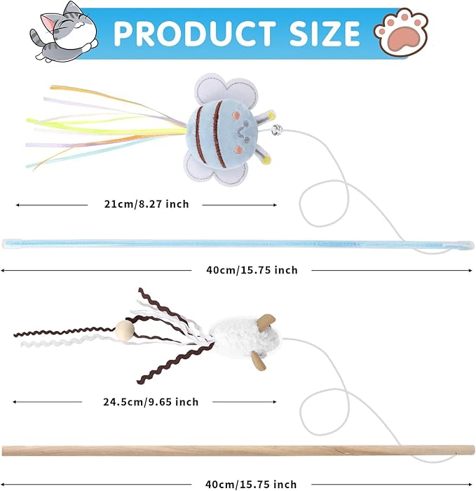 NOWFRESH Cat Wand Toy Set, 2 PCS Interactive Cat Teaser Wands with Cute Bee & Mouse Designs, Equipped with Bells and Streamers to Captivate Your Cat’s Attention