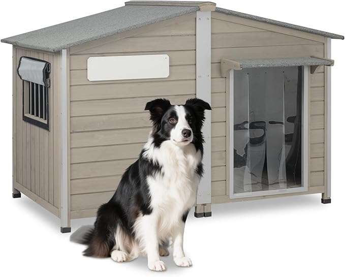55"L Dog House Outdoor for Large Breed, XL Extra Dog House with Window Weatherproof Pet Shelter with Openable Asphalt Roof, Anti-Chewing Frame, Removable Floor,10 Support Feet for Medium to Large Dogs