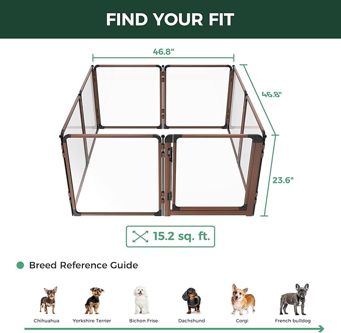 FXW AuraSpace Pro Metal & Acrylic Indoor Dog Playpen, All-Acrylic Clear Heavy-Duty Design, 24" Height 8 Panels for Puppies & Small Dogs, Walnut│Patented