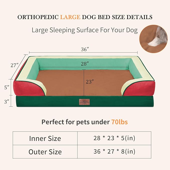 Comfort Expression Orthopedic Dog Bed for Large Dogs 36x27 Inch, Waterproof Egg Crate Foam Large Pet Bed with Removable Bolsters, Dog Couch with Washable Cover & Non-Slip Bottom, Watermelon Mist
