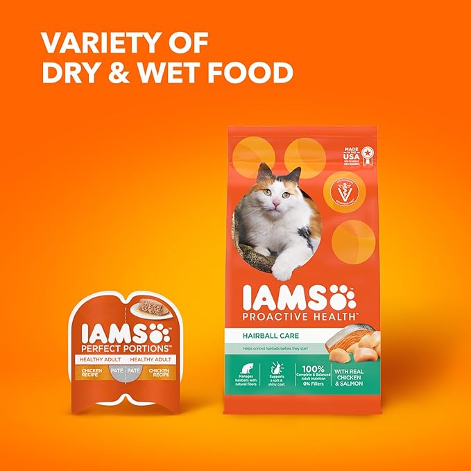 IAMS Proactive Health Dry Cat Food Hairball Care, Adult Cat Food, with Real Chicken and Salmon, 7 lb. Bag