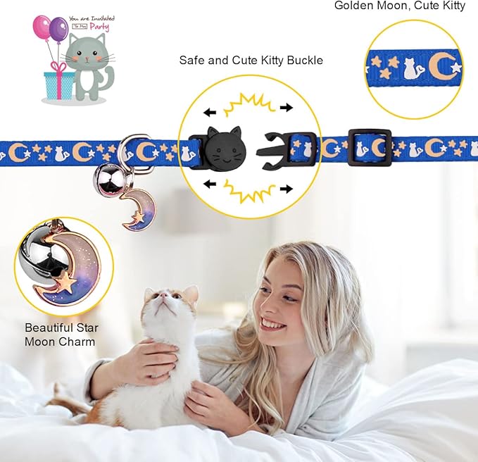 Baeuppit 2PCS Breakaway Cat Collars with Bell Moons Stars Cute Kitty Adjustable Safe Kitten Collars with Pendant Glow in The Dark(Black&Blue)