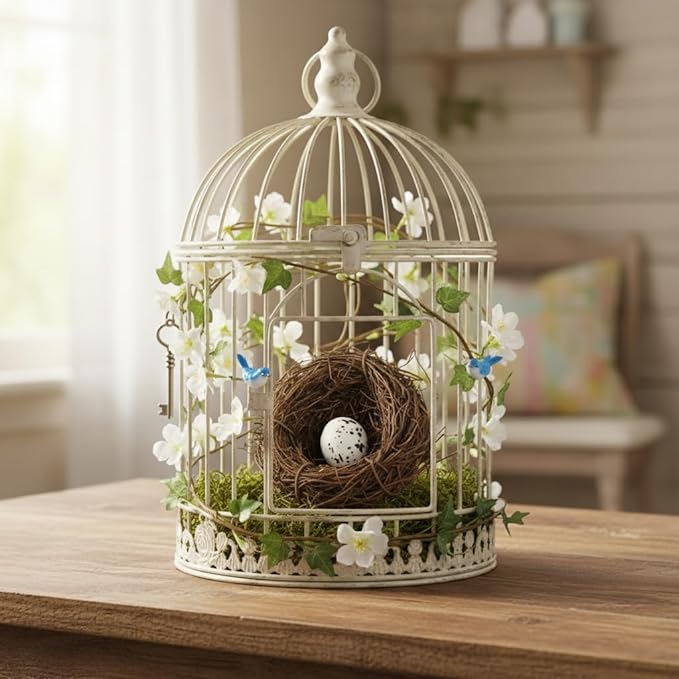 Jowxsx Artificial Bird Nest, Bird Nest with Artificial Bird Eggs, Country Style Simulation Twig Bird Nest for Handmade Easter Rattan Nest Easter Supplies Nests Birdcage Accessories