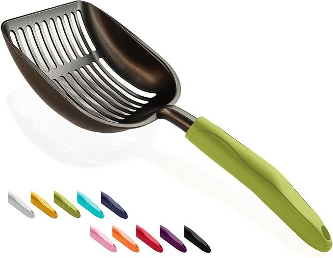 WePet Cat Litter Scoop, Non-Stick Plated Aluminum Alloy Sifter, Kitty Durable Metal Scooper, Deep Shovel, Long Handle, Kitten Pooper Lifter, Size Large, Coated Black Body with Green Handle