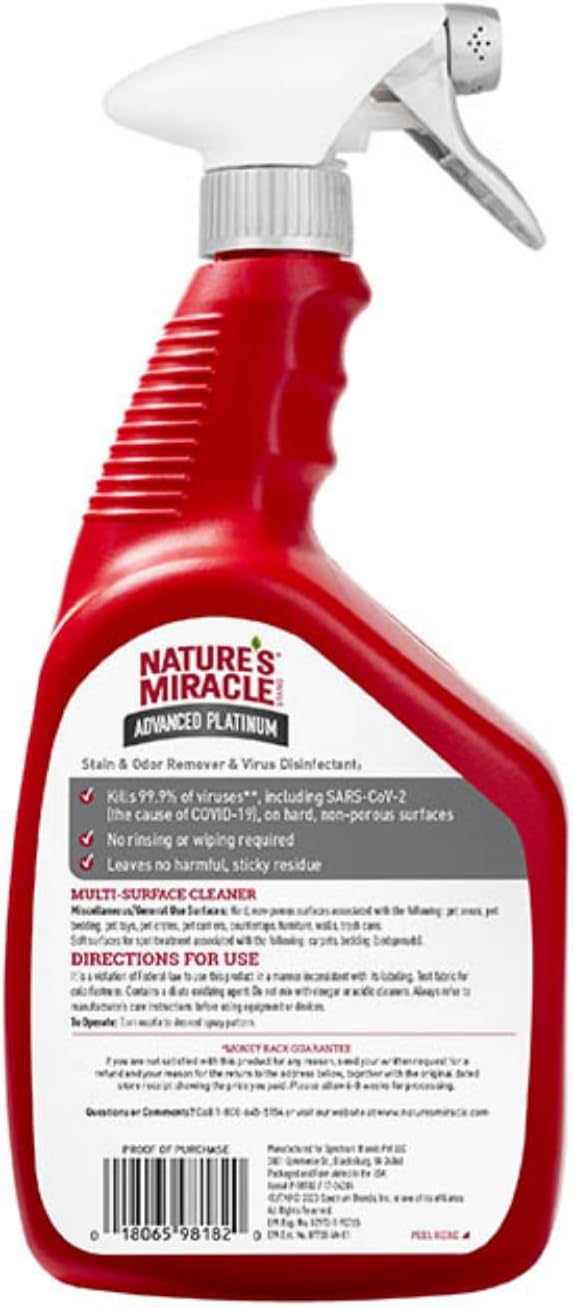 Nature’s Miracle Advanced Platinum Stain And Odor Remover And Virus Disinfectant 32 Ounces, Eliminates Tough Dog Messes
