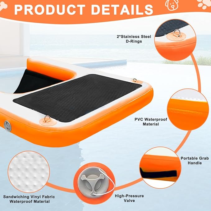 Inflatable Dog Water Ramp, Non-Slip Floating Dock Ladder for Pools, Boats & Lakes, Pool Ramp for Dogs Up to 200 Pounds, Orange