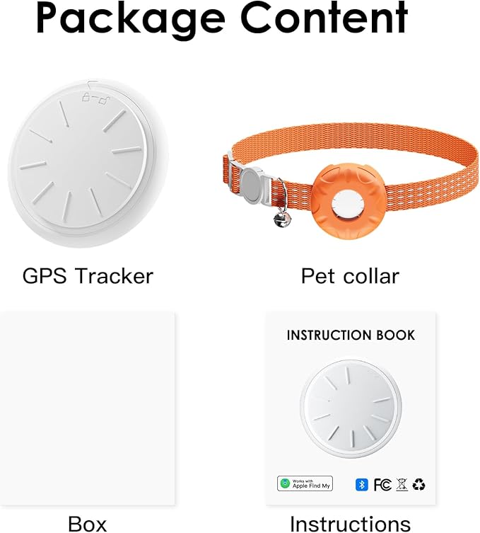 Cat Tracker, GPS Tracker Compatible with Apple Find My App(Only iOS), Waterproof Cat Tracker Collar with Bell and Safety Elastic Buckle, No Monthly Fee Pet Trackers for Vehicles, Pets, Kids,Orange