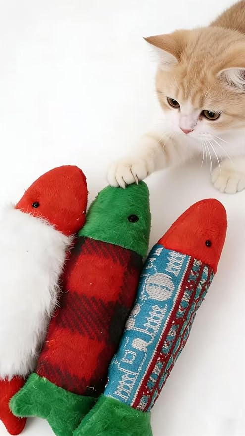Catnip Toys for Cats 8 Packs Christmas Theme Plush Toys (Snowman, Fish, Mittens and Colorful Feathers) Soft and Durable Interactive Cat Toys for Indoor Cats
