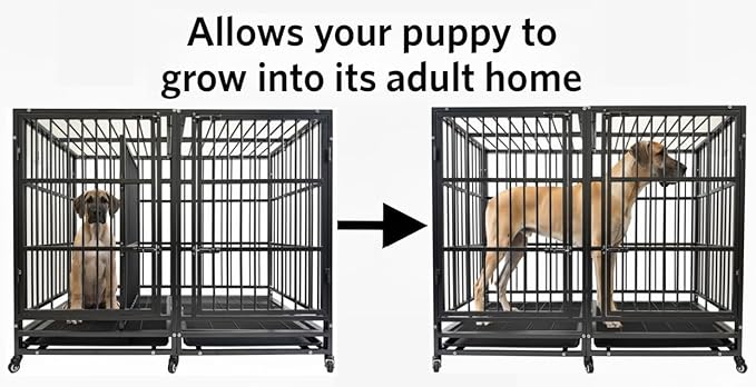 54 inch Heavy Duty Indestructible and Escape-Proof Dog Crate Cage Kennel with Divider for 2 Large Dogs, High Anxiety Dog Crate with Removable Wires Trays and Wheels, Extra Large XL XXL