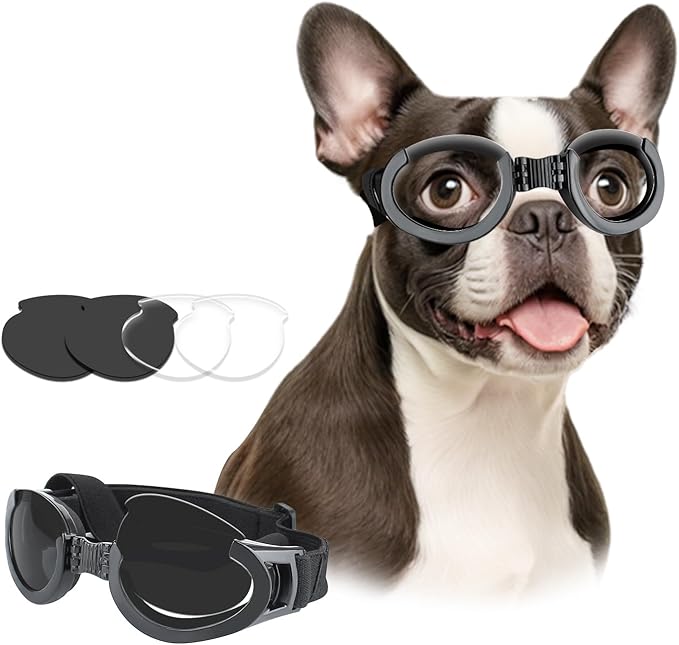 PETLESO Dog Goggles Medium Breeds, Clear UV Protection Dog Sunglasses with Black Replaceable Lenses, Adjustable Doggy Glasses for Outdoor Activities Hiking/Camping Windproof Pet Eyewear