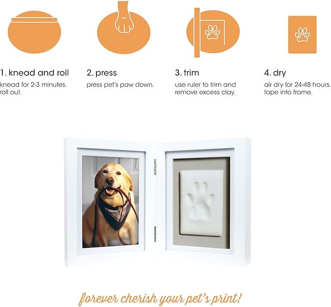 Pearhead Pet Paw Print Memorial Frame with Clay Imprint Kit, Dog & Cat Pawprint Keepsake Wood Photo Frame, DIY No Bake Paw Print Kit, 4x6 Picture Display, White