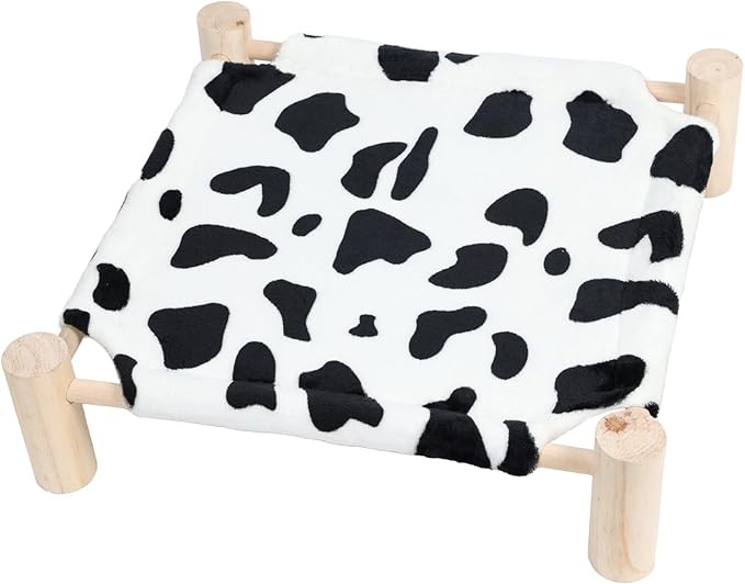 Patas Lague Cat and Dog Hammock Bed for Small Dogs, Brethable Wooden Cat Pet Rabbit Elevated Outdoor Bed Cots Furniture for All Seasons Fleece Cow Print