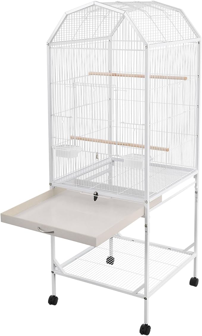 Large 46" Rolling Bird Cage for Mid-Sized Parrots with Detachable Stand, 4 Universal Wheels & Removable Tray, Iron Birdcage for Cockatiels, Parakeets, Finches (White)