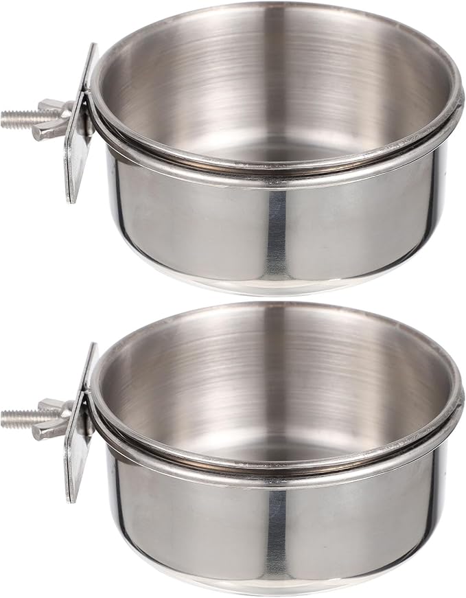 Yardwe Stainless Steel Bird Food Cup 2-Pack Small Cage Feeders with Clamp for Parrots Budgies Cockatiels Durable Bird Food Bowls for Easy Feeding