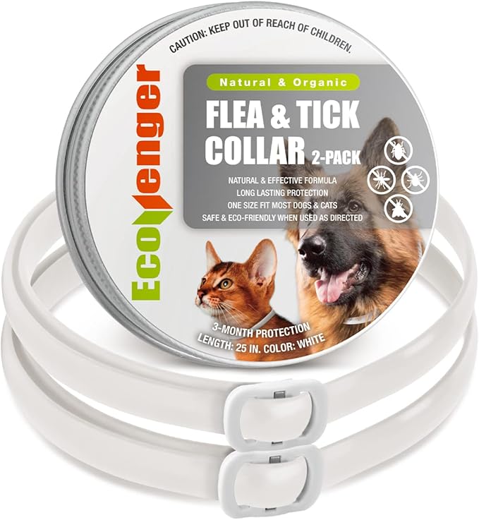 EcoVenger Flea Collars for Dogs & Cats - Flea & Tick Repellent 2-Pack White. Built-in Pant-Based Formula Strong Repellency Slow Release, Lasting Protection, Pleasant Aroma, Waterproof