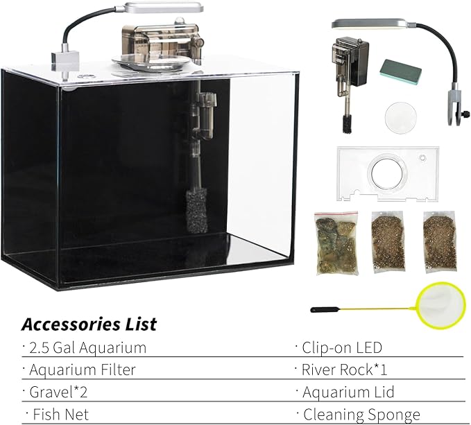 2 Gallon Glass Fish Tank with Filter LED Light Complete Aquarium Starter Kit for Betta, Shrimp, Nano Fish Rimless Small Aquarium with Everything Included