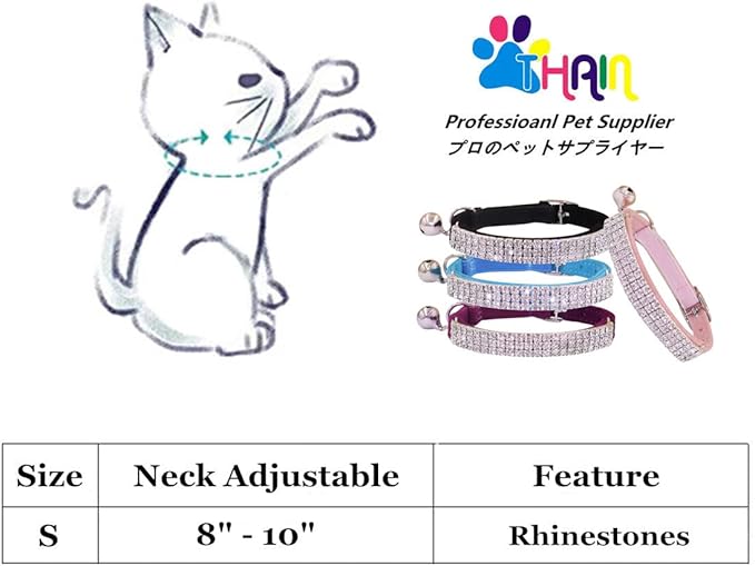THAIN Rhinestones Cat Dog Collar Soft Velvet Safe Adjustable Collar Bling Diamante with Bells, 8-11 inch for Small Dogs and Cats (Pink+Black)
