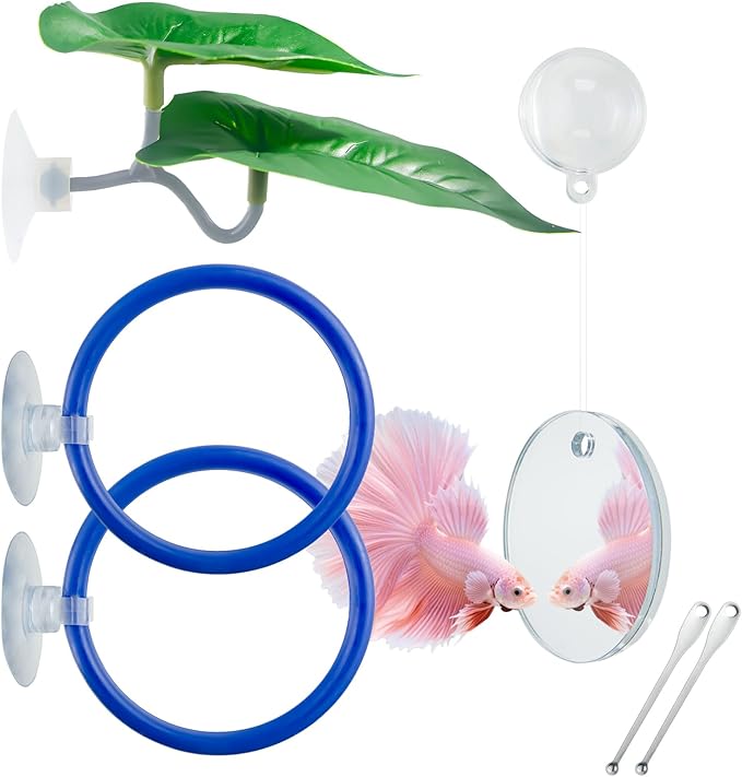 Betta Fish Toy Set: Betta Training Floating Mirror, Training/Feeding Ring, Spoon, and Resting Leaf. Promotes Exercise. Betta Toys, Resting & Feeding Kit.