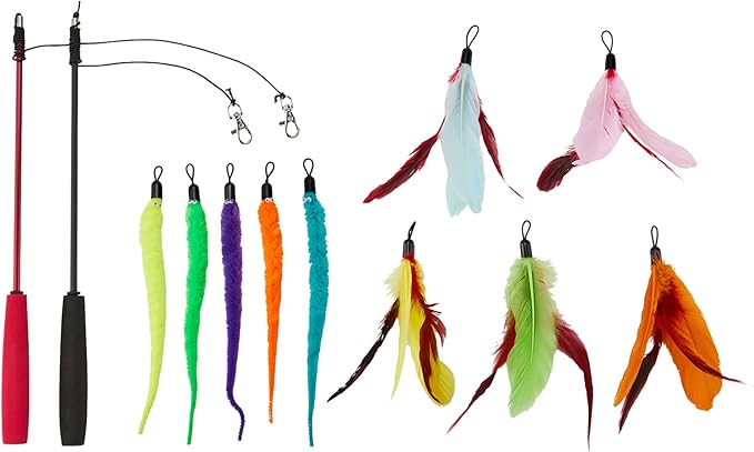 Amazon Basics Cat Feather Toy Kit with 2 Stick and 10 Refills (in 2 Styles)