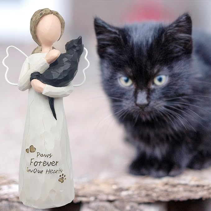 Cat Memorial Gifts for Loss of Cat, Cat Loss Sympathy Gifts, Cat Remembrance Gift in Memory of Passed Away Pet Cat, Resin Cat Angel Figurine for Cat Mom and Cat Lovers, Black