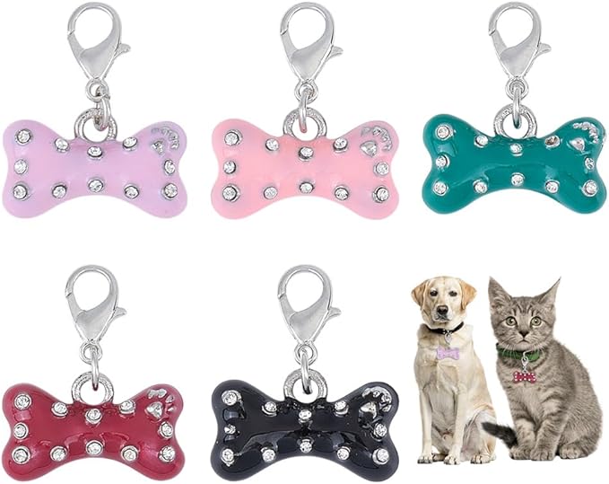 5pcs Bone Rhinestone Collar Pendants for Cat Dog Alloy Enamel Pet Collar Pendants Clip-on Dog Bone Pet Puppy Collar for Bag Keychain Jewelry Making Training Home Decor