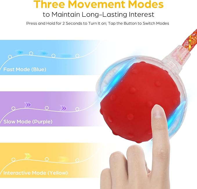 Interactive Cat Toys Ball, 2 Pcs Automatic Moving Cats Toy with Elastic Mesh Bell Tail, Rechargeable Cat Ball for Bored Indoor Adult Cats, Energetic-cat (Red+Blue)