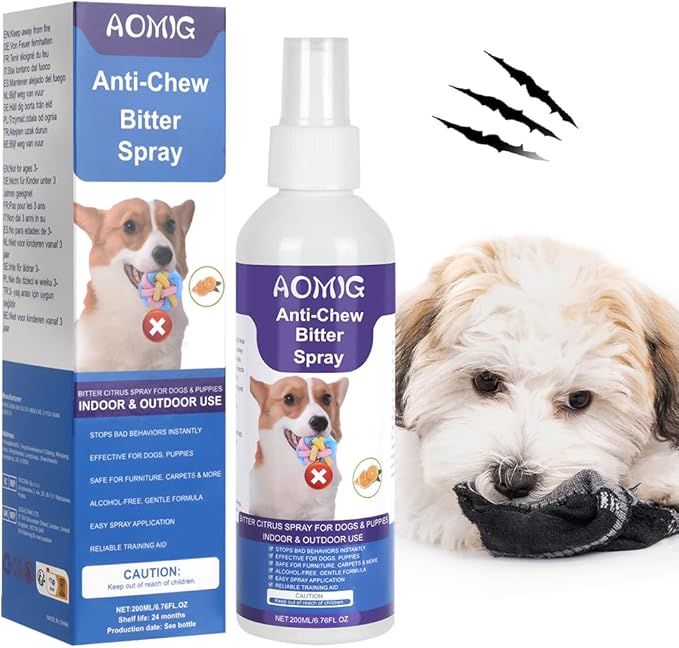 AOMIG Bitter Apple Spray for Dogs to Stop Chewing Licking, No Chew Spray for Dogs, Alcohol-Free Dog Deterrent Sprays to Anti-Chew Furniture Shoes, Indoor & Outdoor Safe Effective Training Aid, 200ml
