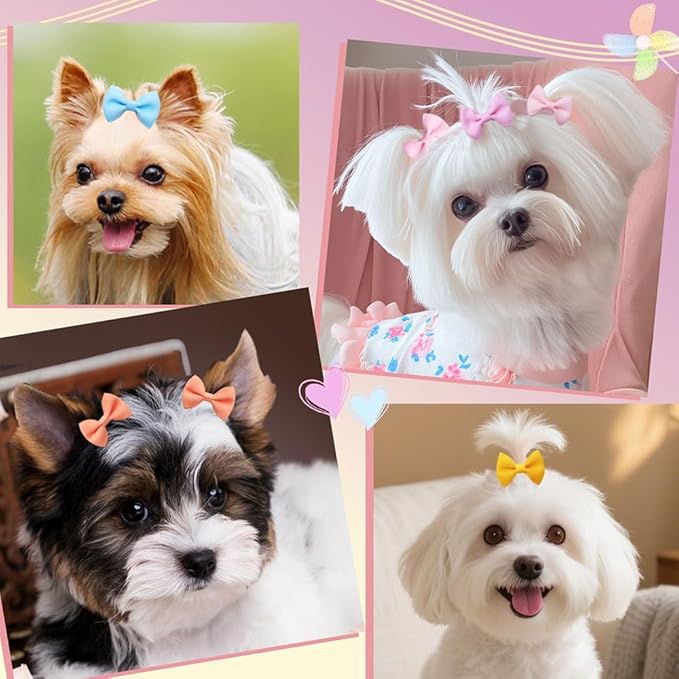 100Pcs(60 Colors) Pure Color Dog Bows with Rubber Bands Small Handmade Topknot Hair Bows for Doggie Puppy Cat Bunny Yorkie Pet Hair Grooming Accessories