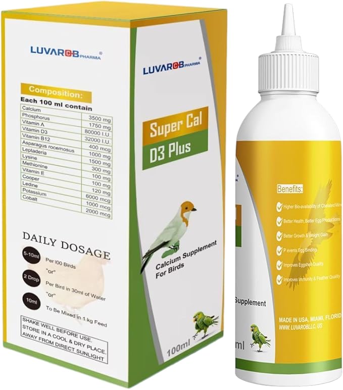 Calcium Supplement for Birds + Vitamin D3 for Strong Eggs, Immunity and Feather Quality, Strong Bones Liquid Vitamin Extra Strenght 100 ml for Pigeons,Parrots, Birds