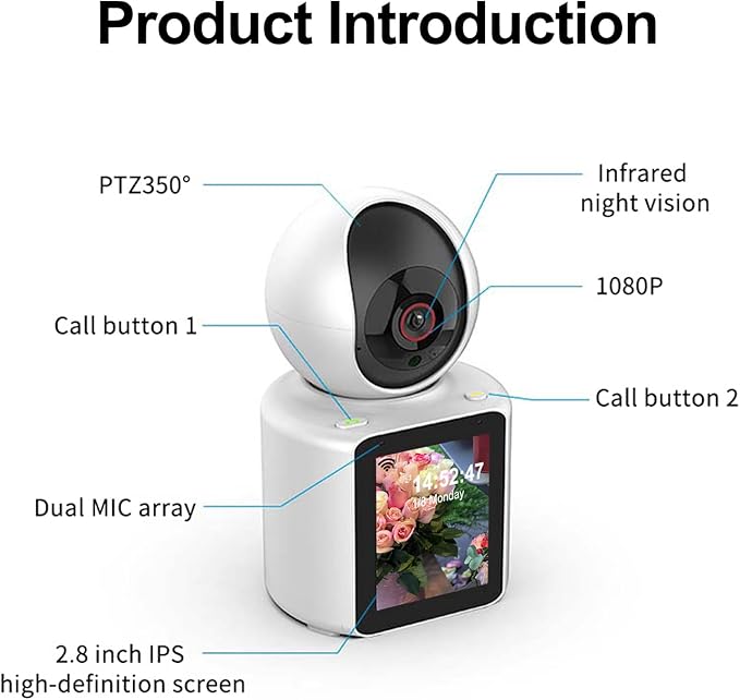 Video Calling Camera with 2.8 inch HD Screen Voice Assistant, 1080P Indoor Home Security Camera, Indoor Home Pet/Nanny/Baby/Elder/Dog Camera with Phone App