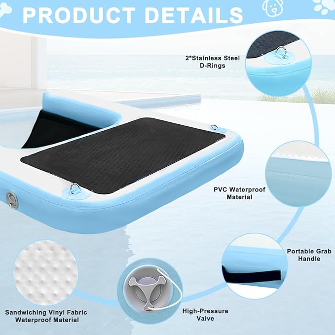 Inflatable Dog Water Ramp, Non-Slip Floating Dock Ladder for Pools, Boats & Lakes, Pool Ramp for Dogs Up to 200 Pounds, Light Blue