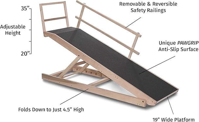Large Dog Ramp for Bed, by DoggoRamps – Extra Wide Dog Ramp for Large Dogs to Get on High Beds up to 35" Tall – Wide Ramp with Rails, Platform & Non-Slip Grip – Made in N America from Solid Hardwood