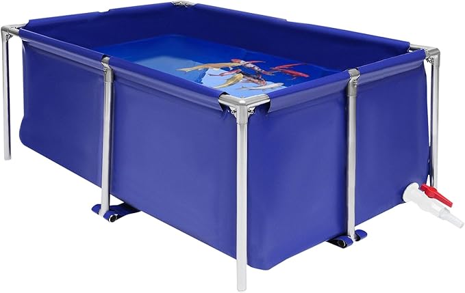 Thickened Canvas Fish Pond, Stainless Steel Frame Water-proof Coating Foldable Above Ground Large Koi/Goldfish Breeding Tank 47*31*19inch w/Drain Valve for Indoor/Outdoor Aquaculture (Blue & Silver)