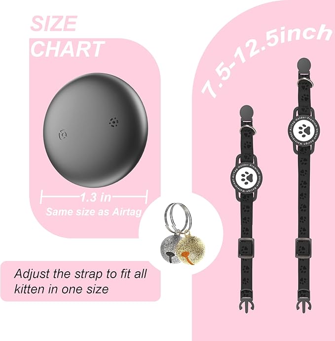 GPS Tracker for Cats, Waterproof GPS Cat Trackers Cats Collar with Bells, No Subscription, GPS Cat Collar, Adapt with Apple Find My (iOS Only) Finder Tag for Items Vehicles, Pets, Kids (Black)