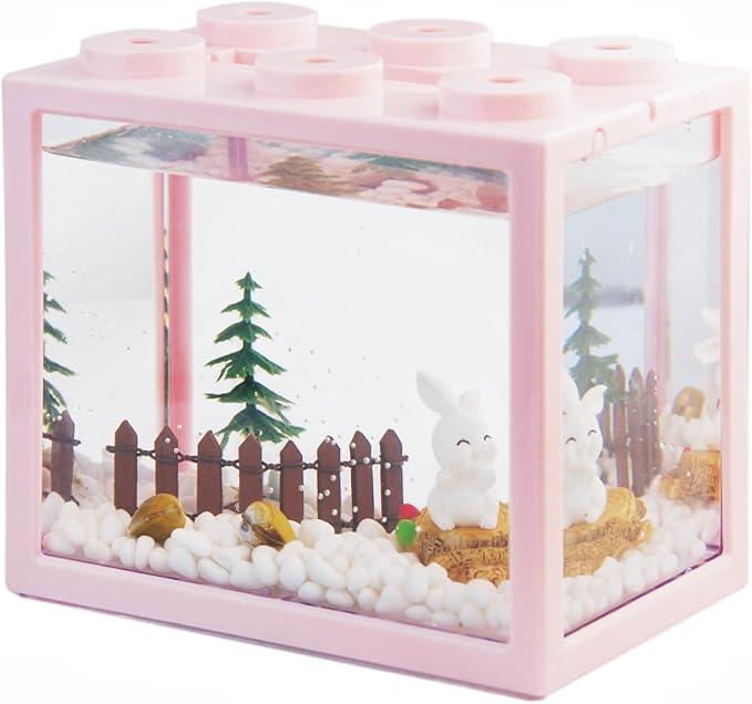 Small Betta Fish Tank, Stackable Mini Aquarium Tank Kit with Aquarium Gravel & Forest Micro Landscape, 0.6 Gallon Acrylic Cube Fish Bowl for Sea Monkeys Shrimp Snails (Pink)