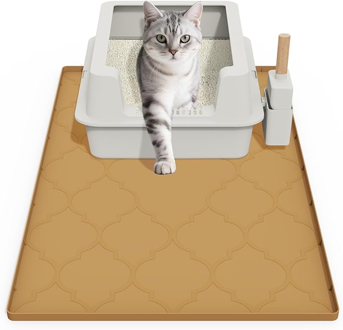 Cat Mat for Litter Box, 34" X 22" Large Silicone Cat Litter Trapping Mat, Easy Clean for Scatter Control, Soft on Kitty Paws, Waterproof, Urine-Proof, Non-Slip Kitty Litter Mat for Floor, Brown