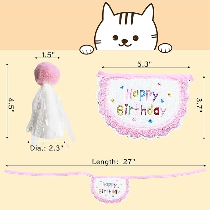 Cute Pet Birthday Costume Bandana Scarf Bib and Hat Set for Cat Small Dog, Cat Birthday Decorations Outfits (Pink)
