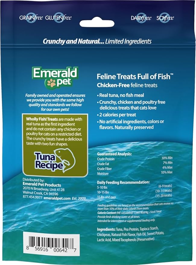 EMERALD PET Wholly Fish! Chicken-Free Feline Treats, Tuna Recipe — Tasty and Crunchy Tuna Cat Treats with Real Tuna — Chicken Free, Grain Free, Natural Cat Treats — Made in USA, 3 oz