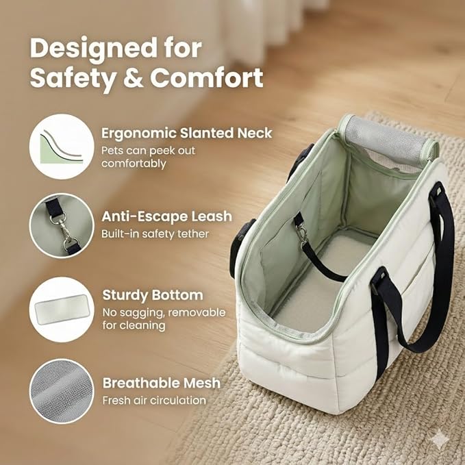 Small Dog Purse Bags,Dog Carrier Purses with Secure Harness Clip,Cotton Padded Interior, Durable Travel Pet Bag with Adjustable Strap,White