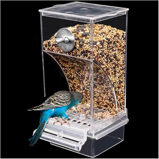 Automatic No-Mess Bird Feeder - Transparent Acrylic Food Container for Small & Medium Lovebirds, Parakeets, Canary, Cockatiel, Finch