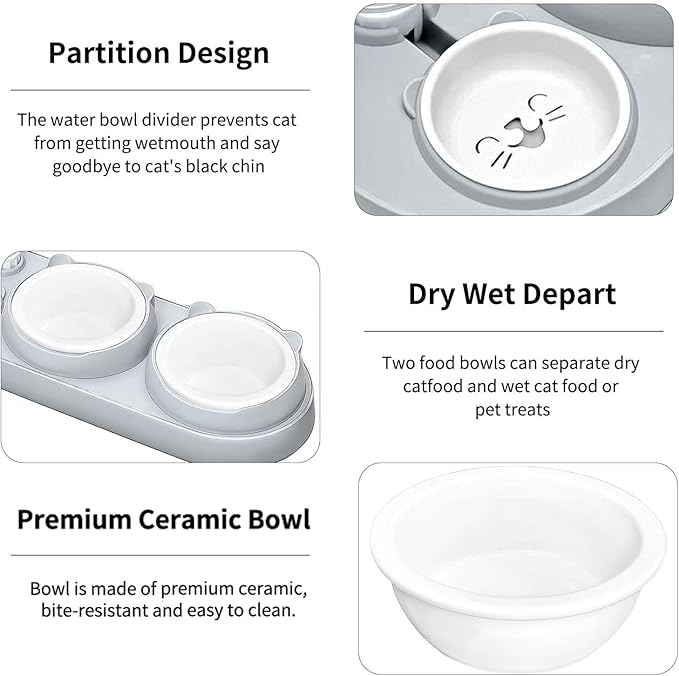 Marchul 3-in-1 Cat Bowl, Ceramic Food and Water Bowl Set, 15° Sloped Design, for Indoor Cats, Small Dogs, and Medium Dogs