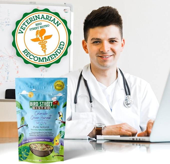 Bird Street Bistro Parrot Food for Parakeets & Cockatiels - Colorado Green Harvest - 18 oz - Cooks in 3-15 min, Natural Grains, Fruits & Vegetables - USA Made