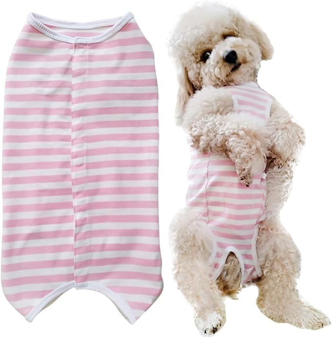 Dog’s Recovery Suit Post Surgery Shirt for Puppy, Wound Protective Clothes for Little Animals(Pink White Stripe-XXS)