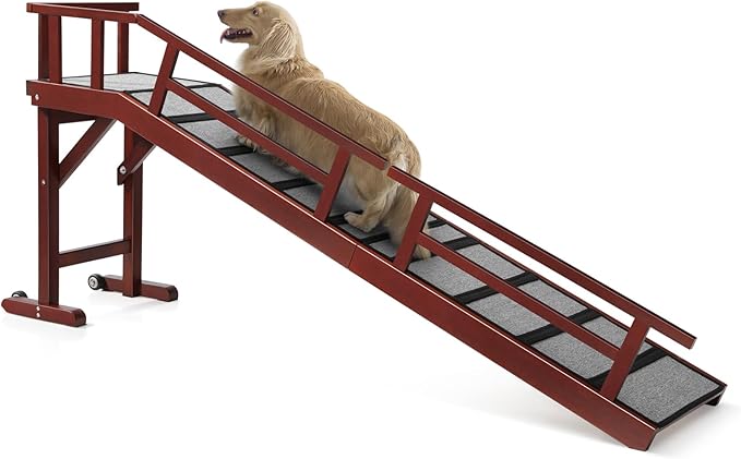 Dog Ramp for Bed or Couch, Wooden Pet Ramp with 20° Gentle Slope, Removable Side Rails, Non-Slip Surface, Top Platform & Wheels, Safe Bed Ramp for Small, Large & Senior Dogs, 74" Long, Mahogany