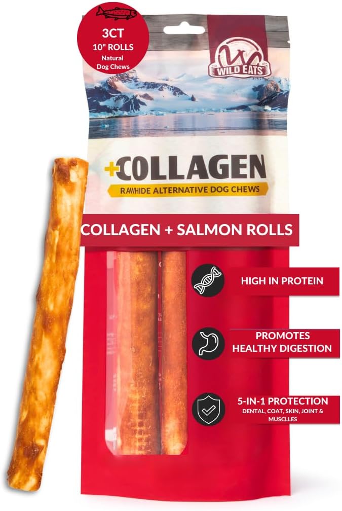 Wild Eats Salmon Flavor Collagen Retriever Style Cheek Roll 10" Dog Chews-3 Pack (Long Lasting Dog Chews Treats & Bones for Medium Dogs) Substitute for Pig Ears for Dogs