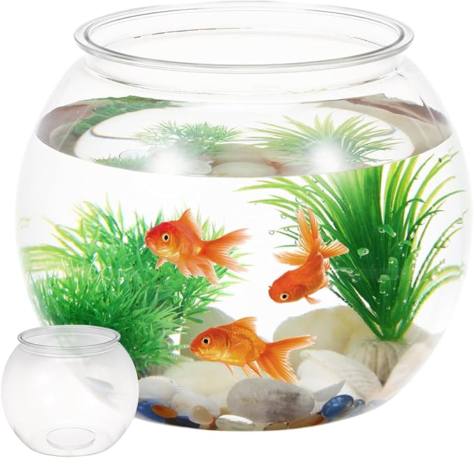 POPETPOP Small Fish Tank Desktop Aquarium Round Clear Plastic Fish Bowl for Home Office Decor 8.66X8.66X6.89 Inches