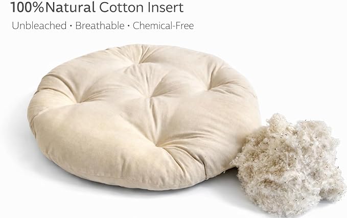 Round Dog Bed Insert Natural – Muslin Cotton Cover with Raw Cotton Filling, Breathable, Plastic-Free, Replacement Cushion (Extra Small 18" x 3")