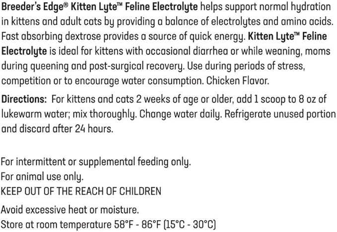 Breeder’s Edge Kitten Lyte, Electrolyte Supplement for Kittens and Nursing Cats, Supports Hydration, Energy & Recovery, Chicken Soup Flavor, 300g