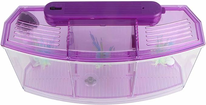 Fockety Breeding Fish Tank LED Acrylic, Three Divisions Isolation Box for Small Fishes with Artificial Grass, Water Change Valve and Filter Bubble Head with Activated Carbon (Violet)